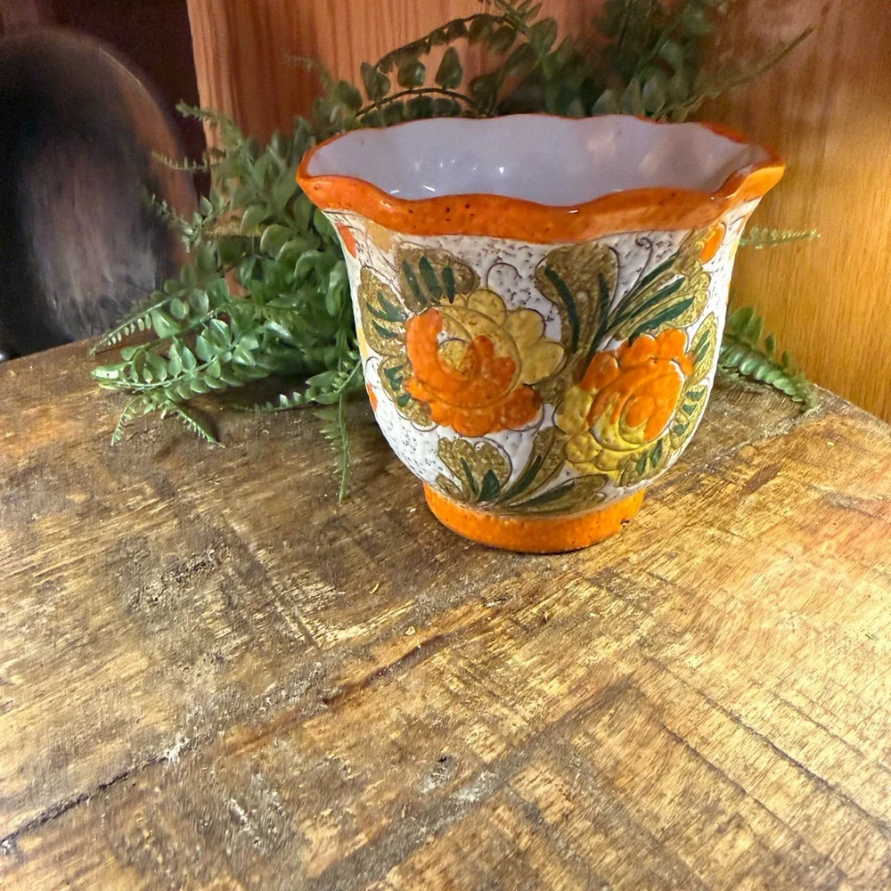 Vintage Italian Fat Lava Planter | 1960s Mid Century Floral Cachepot